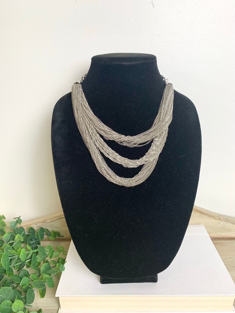 Vintage Silver Tone Multi Strand Chain Bib Statement Necklace Glamour Retro